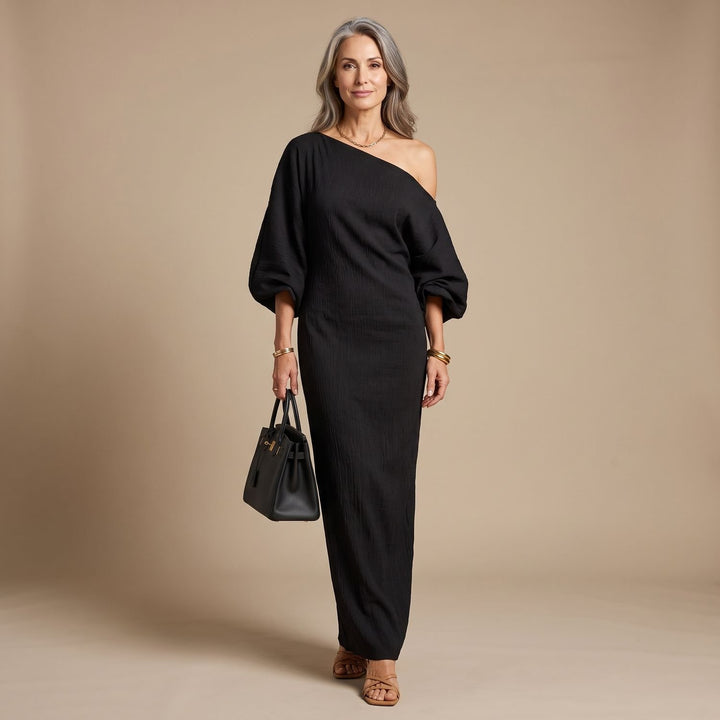 Women's Off-Shoulder Draped Column Maxi Dress - Black