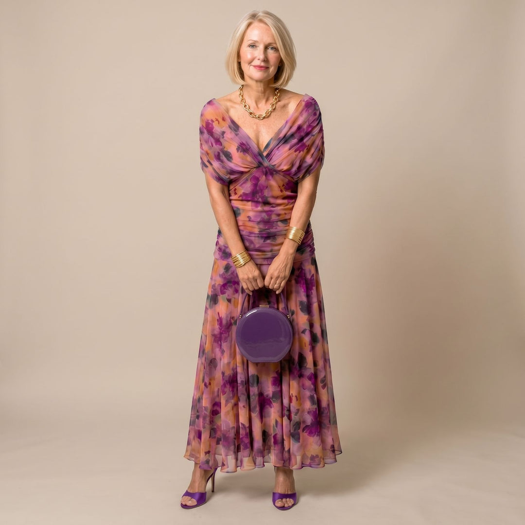 Women's Off-Shoulder Draped Floral Midi Dress - Purple