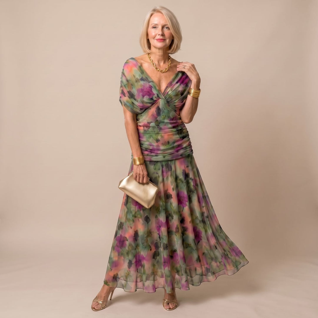 Women's Off-Shoulder Draped Floral Midi Dress - Dark Green