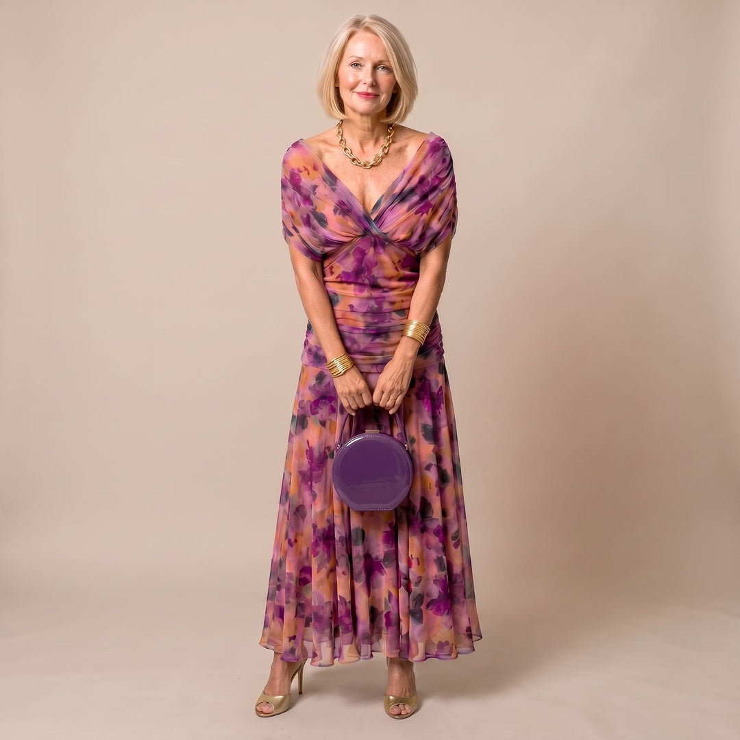 Women's Off-Shoulder Draped Floral Midi Dress - Brown