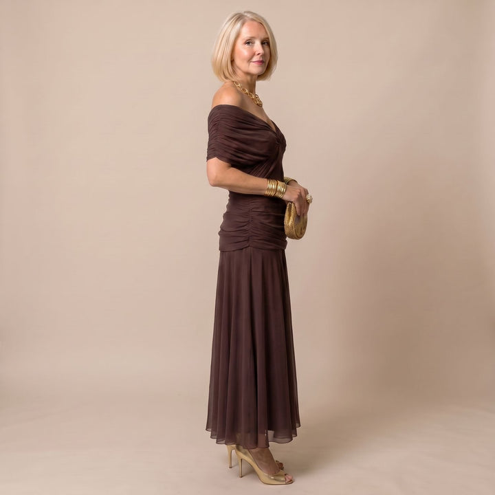 Women's Off-Shoulder Draped Floral Midi Dress