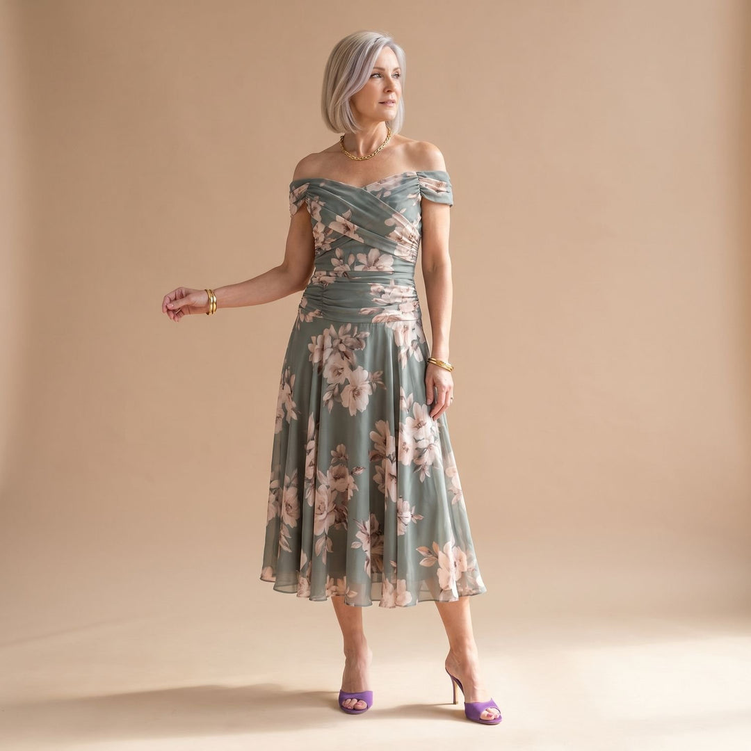 Women's Off-Shoulder Draped Floral Midi Dress