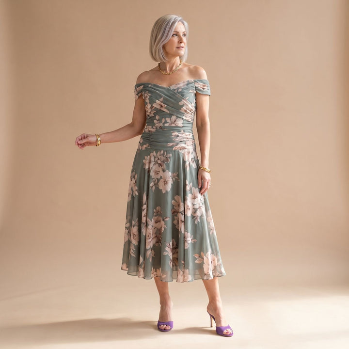 Women's Off-Shoulder Draped Floral Midi Dress