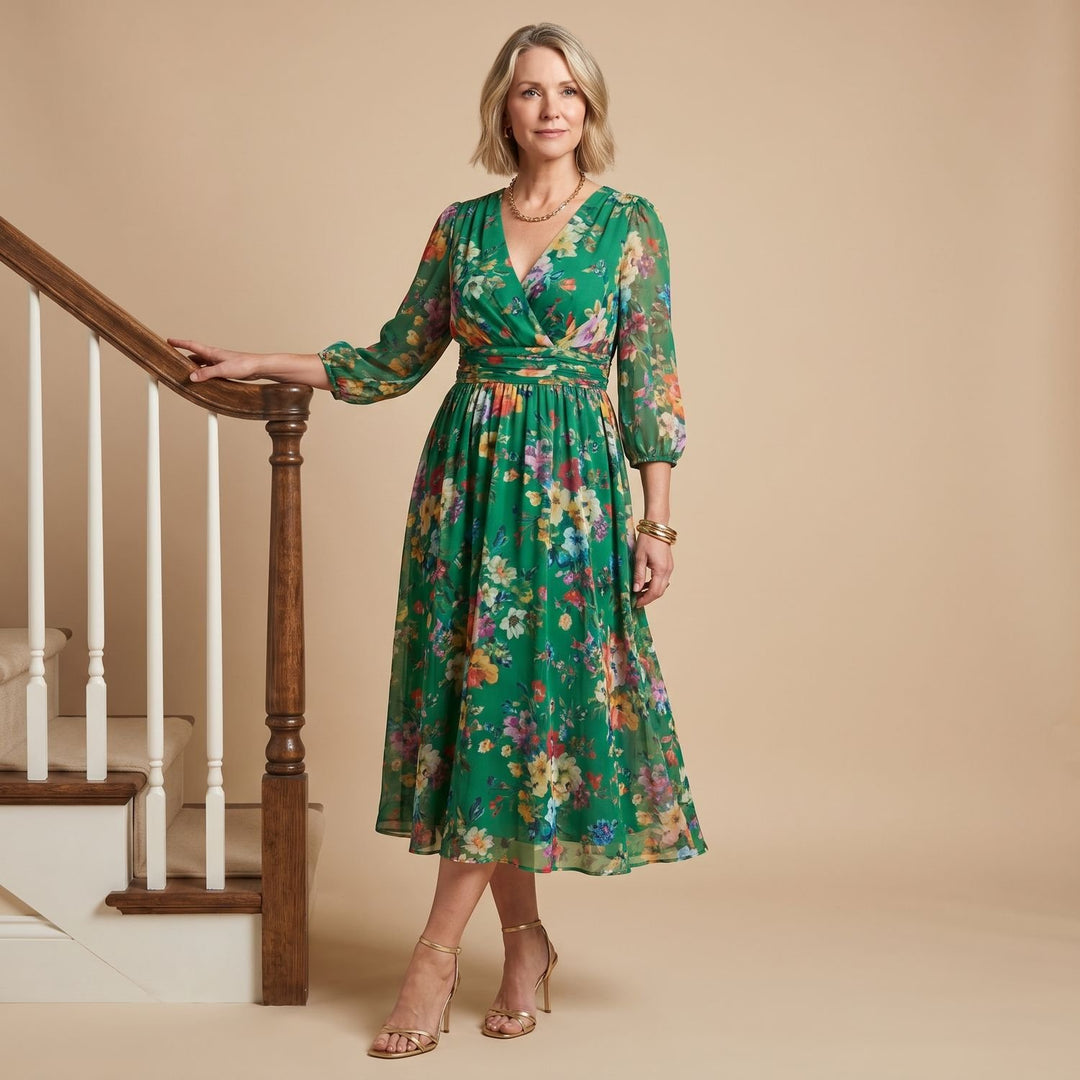 Women's Off-Shoulder Draped Floral Midi Dress