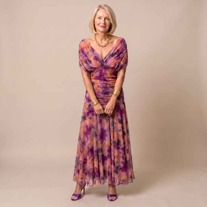 Women's Off-Shoulder Draped Floral Midi Dress