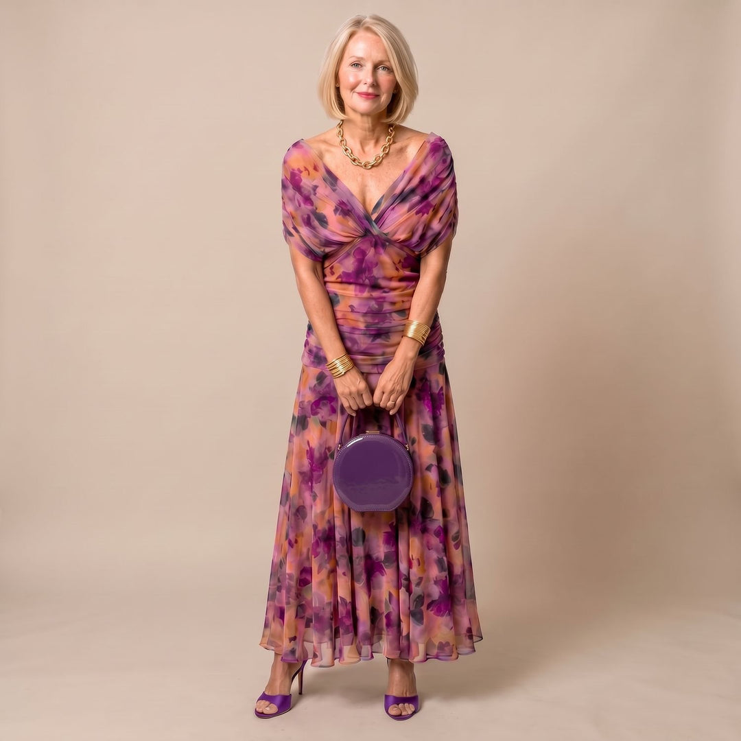 Women's Off-Shoulder Draped Floral Midi Dress