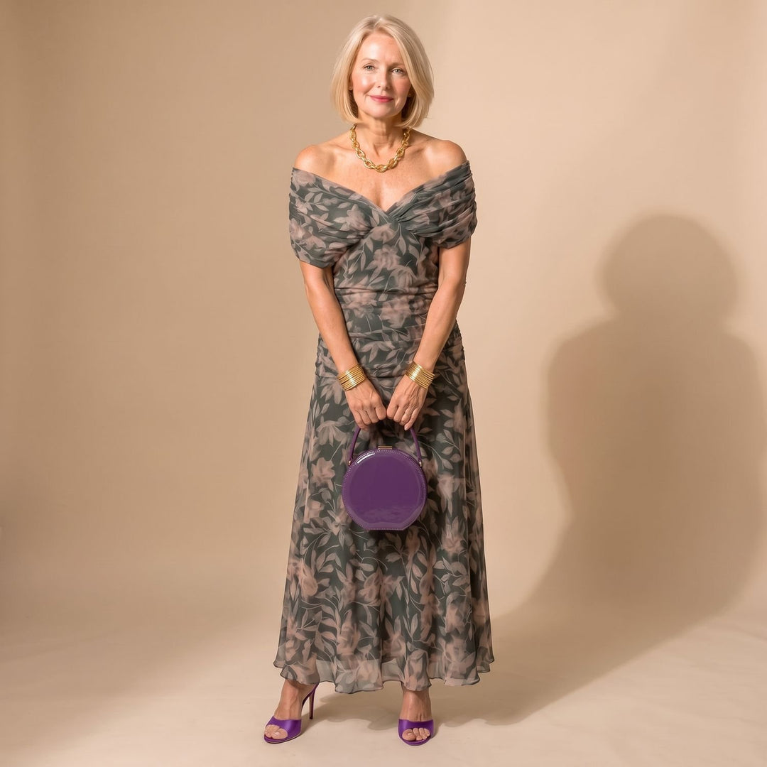 Women's Off-Shoulder Draped Floral Midi Dress - Multicolor