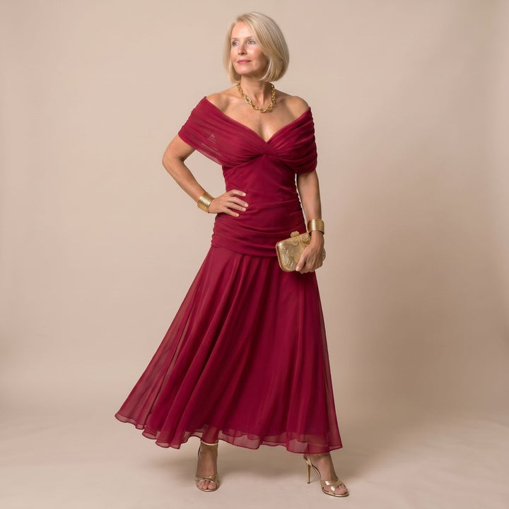 Women's Off-Shoulder Draped Floral Midi Dress - Red