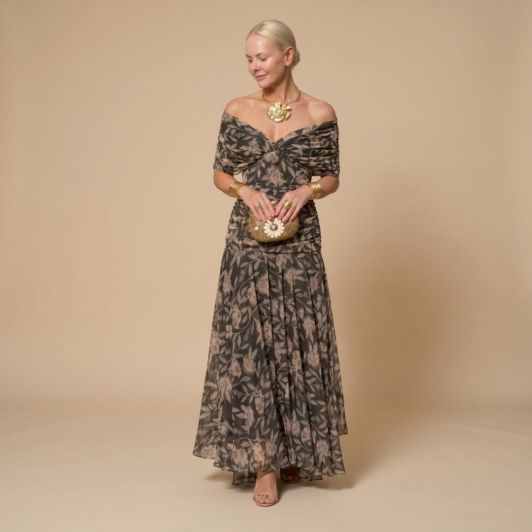 Women's Off-Shoulder Floral Chiffon Pleated Maxi Dress - Botanical