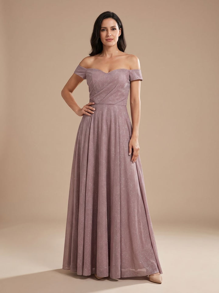 Women's Off-Shoulder Glitter A-Line Formal Wedding Guest Gown