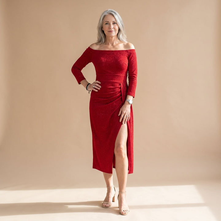 Women's Off-Shoulder Glitter Midi Christmas Party Dress Front Slit - Red