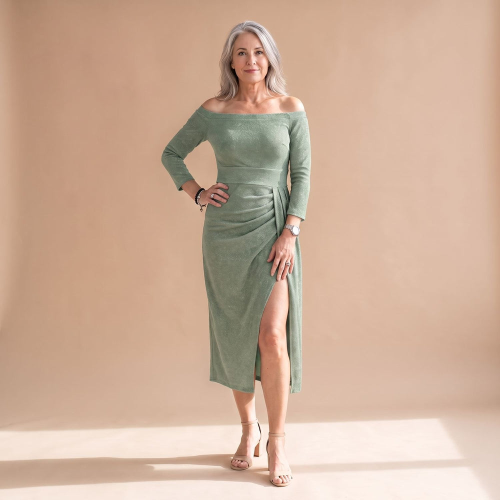 Women's Off-Shoulder Glitter Midi Christmas Party Dress Front Slit - Silver Green