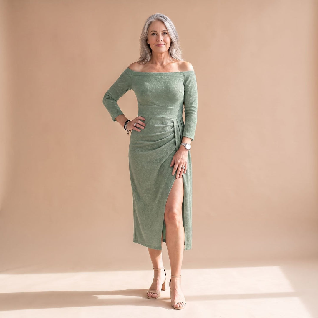 Women's Off-Shoulder Glitter Midi Christmas Party Dress Front Slit - Silver Green