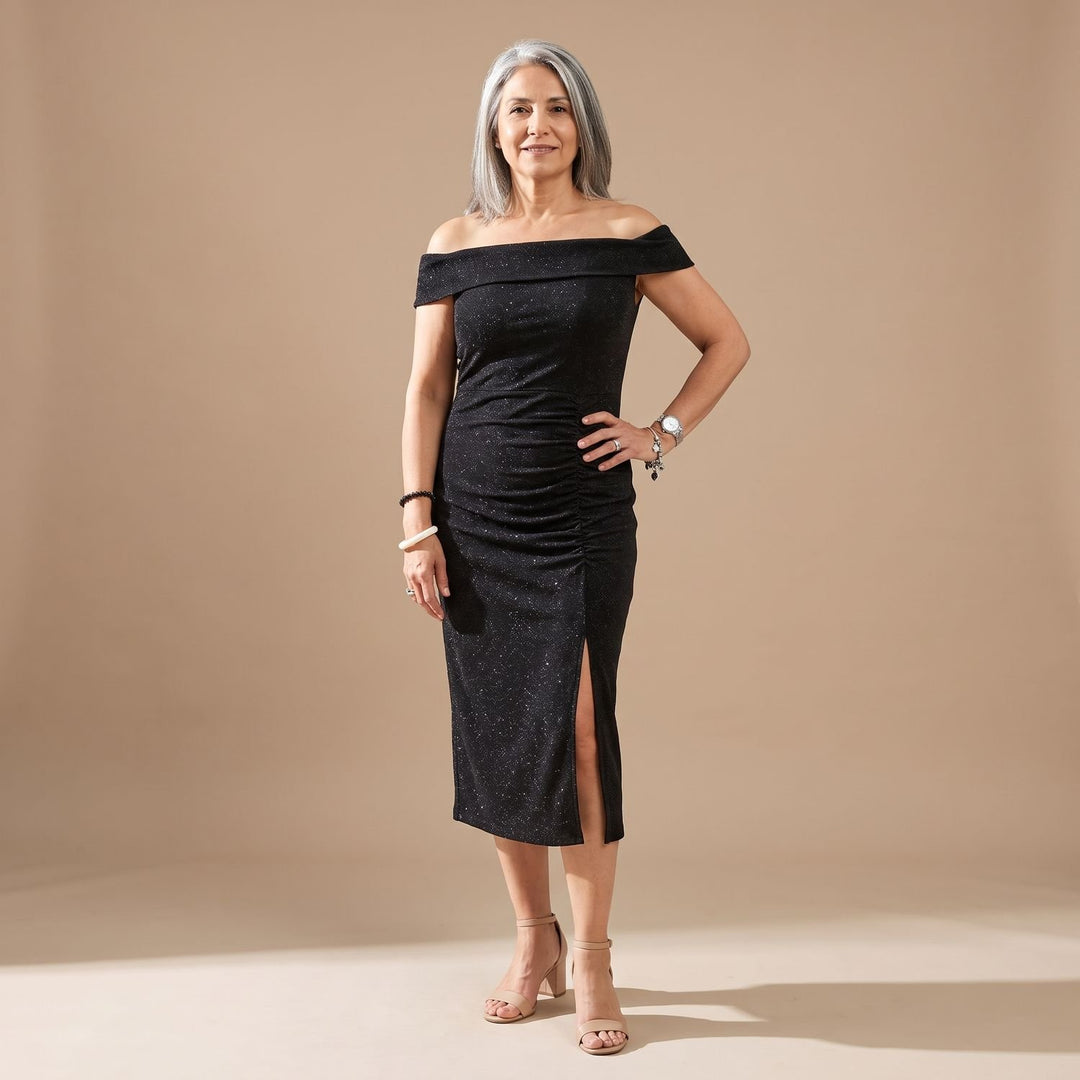 Women's Off-Shoulder Glitter Midi Christmas Party Dress Front Slit - Black
