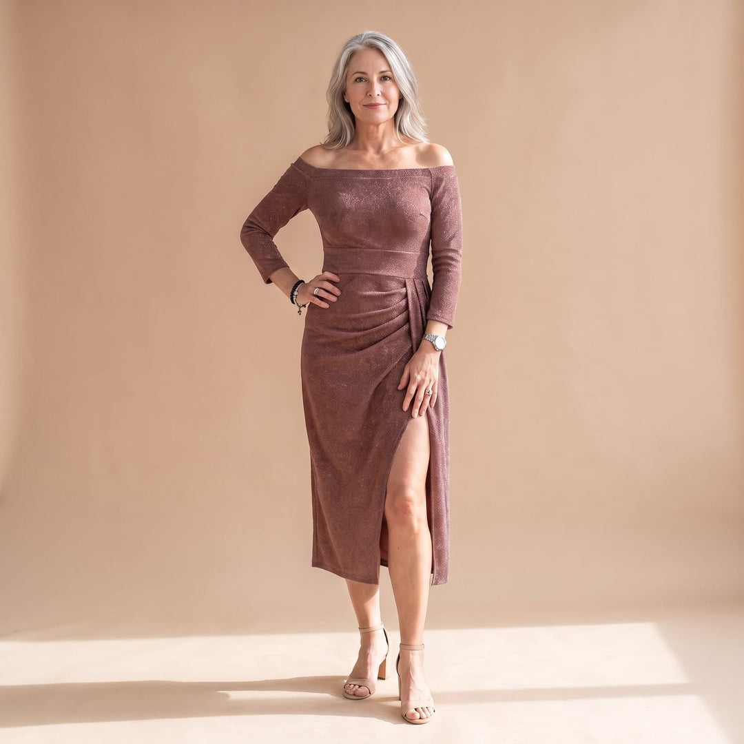 Women's Off-Shoulder Glitter Midi Christmas Party Dress Front Slit - Brown