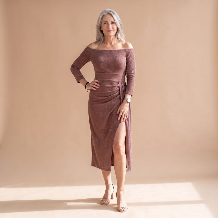 Women's Off-Shoulder Glitter Midi Christmas Party Dress Front Slit - Brown
