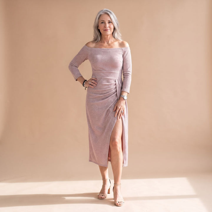 Women's Off-Shoulder Glitter Midi Christmas Party Dress Front Slit - Pink