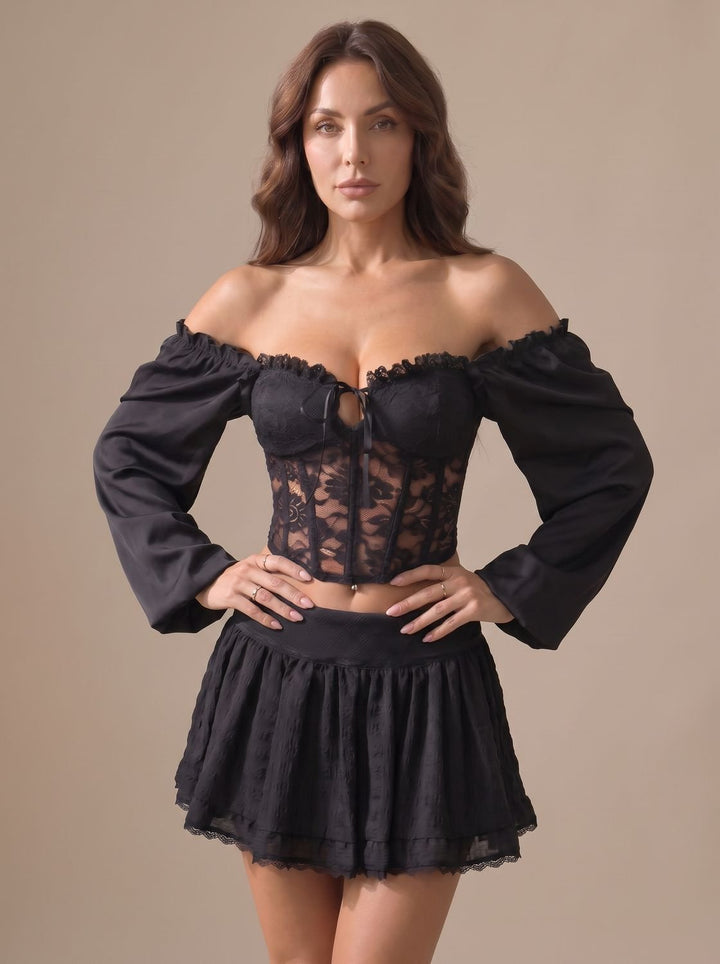 Women's Off-Shoulder Lace Corset Top Puff Sleeve Bustier - Black