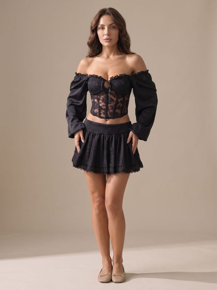 Women's Off-Shoulder Lace Corset Top Puff Sleeve Bustier