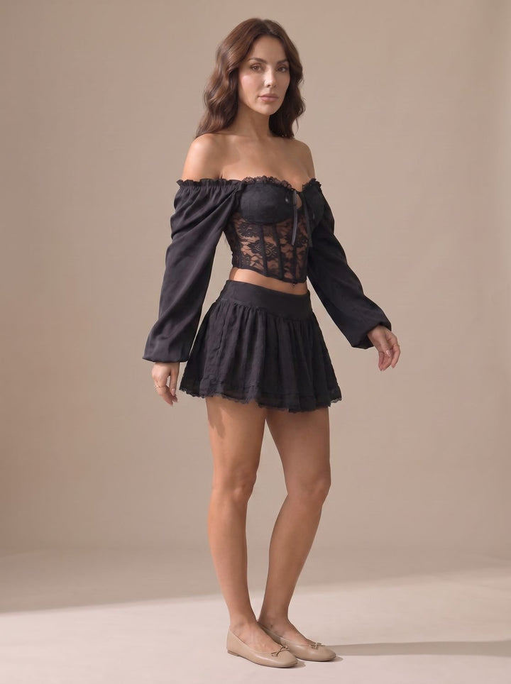 Women's Off-Shoulder Lace Corset Top Puff Sleeve Bustier