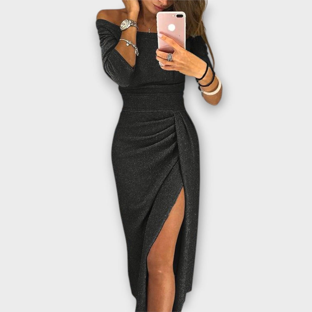 Women's Off-Shoulder Long-Sleeve Ruched Cocktail Party Dress - Black