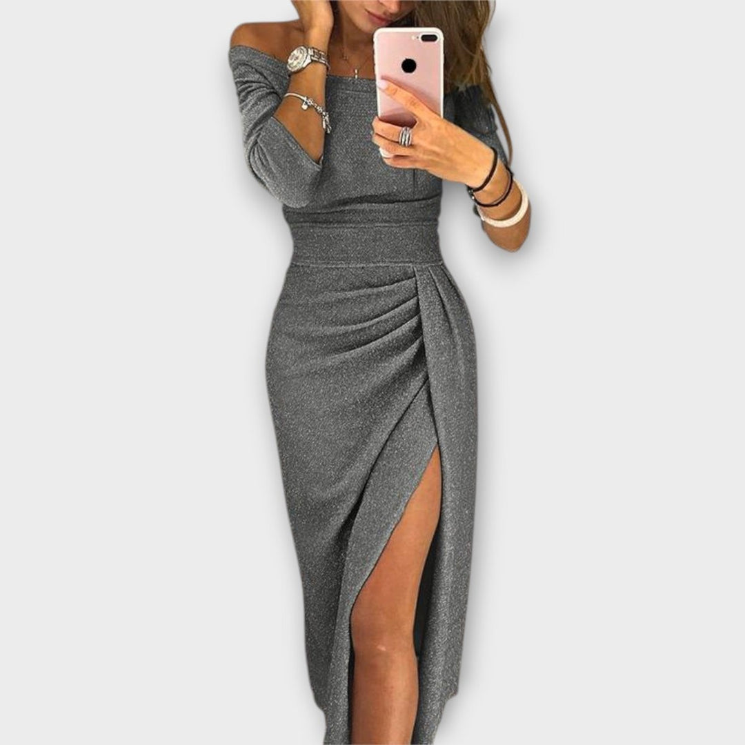 Women's Off-Shoulder Long-Sleeve Ruched Cocktail Party Dress - Gray