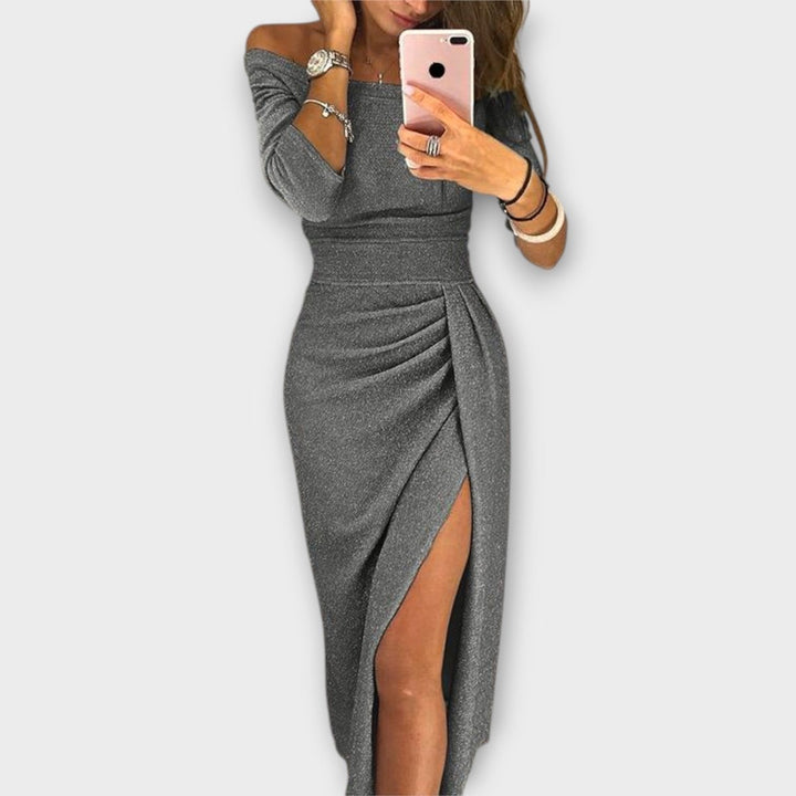Women's Off-Shoulder Long-Sleeve Ruched Cocktail Party Dress - Gray