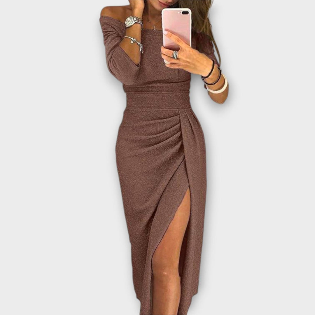 Women's Off-Shoulder Long-Sleeve Ruched Cocktail Party Dress - Brown