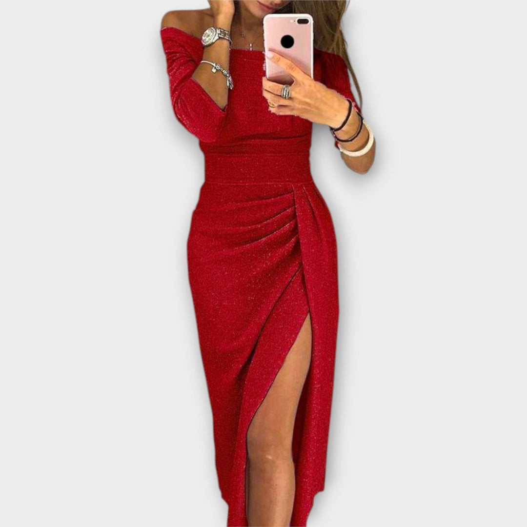 Women's Off-Shoulder Long-Sleeve Ruched Cocktail Party Dress - Red