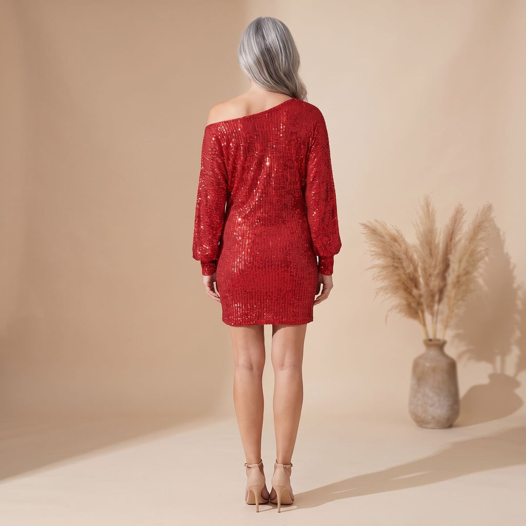 Women's Off-Shoulder Long-Sleeve Sequin Mini Dress