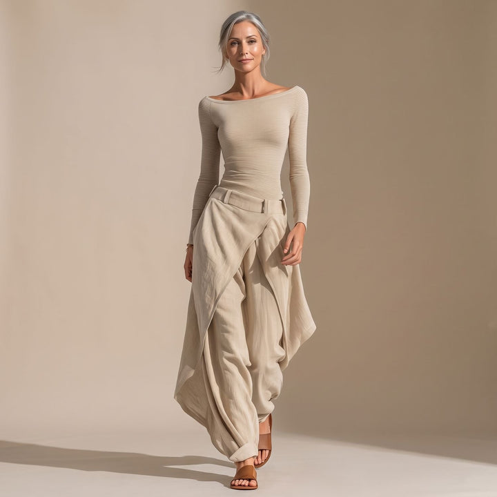 Women's Off-Shoulder Long-Sleeve Top Wide Layered Pants Set - Beige