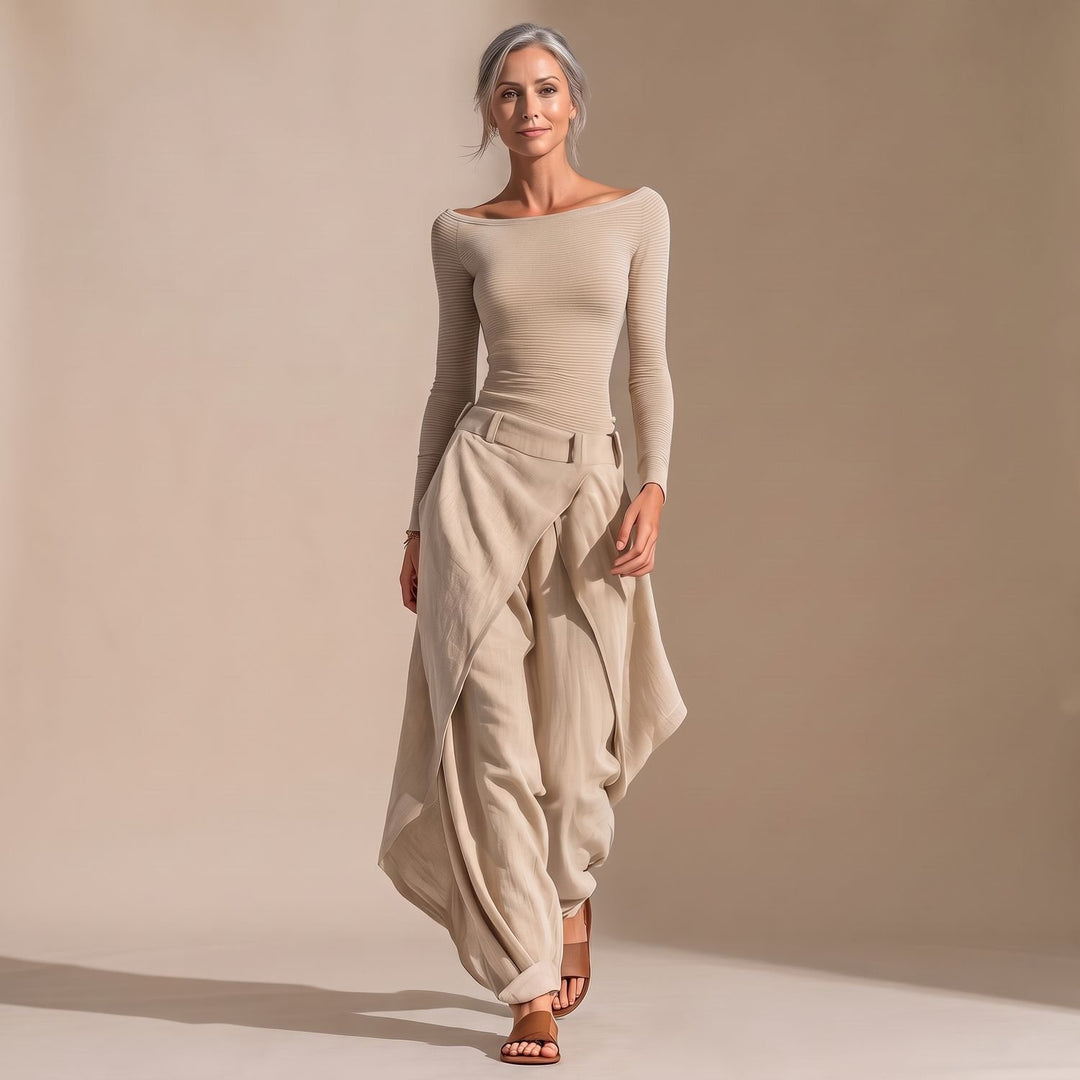 Women's Off-Shoulder Long-Sleeve Top Wide Layered Pants Set