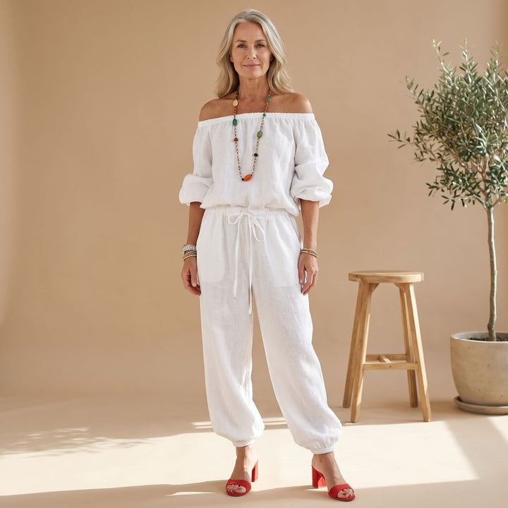 Women's Off-Shoulder Relaxed-Fit Drawstring Jumpsuit - White
