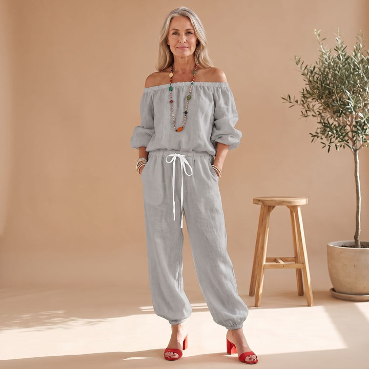 Women's Off-Shoulder Relaxed-Fit Drawstring Jumpsuit - Gray