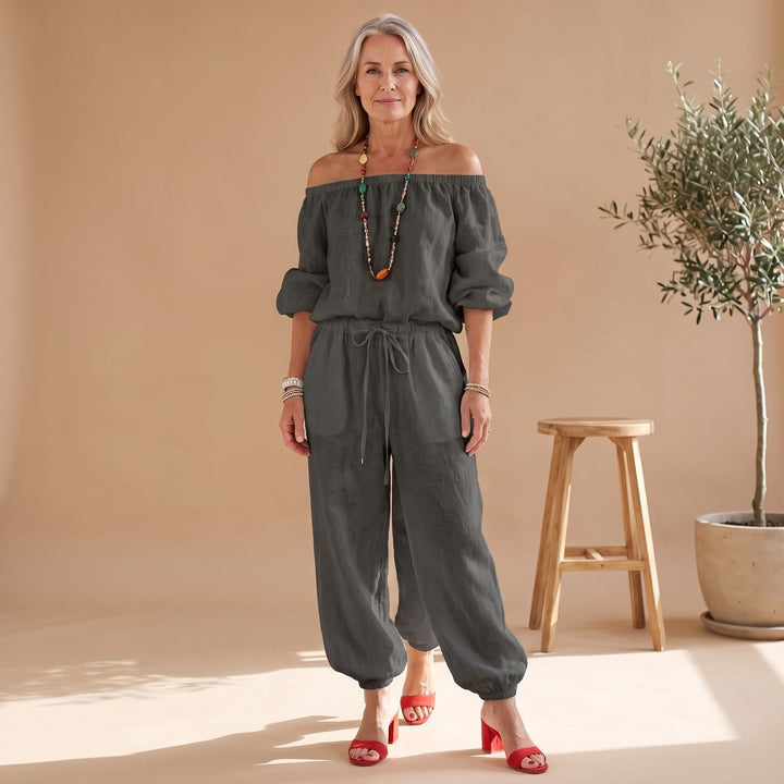 Women's Off-Shoulder Relaxed-Fit Drawstring Jumpsuit - Black