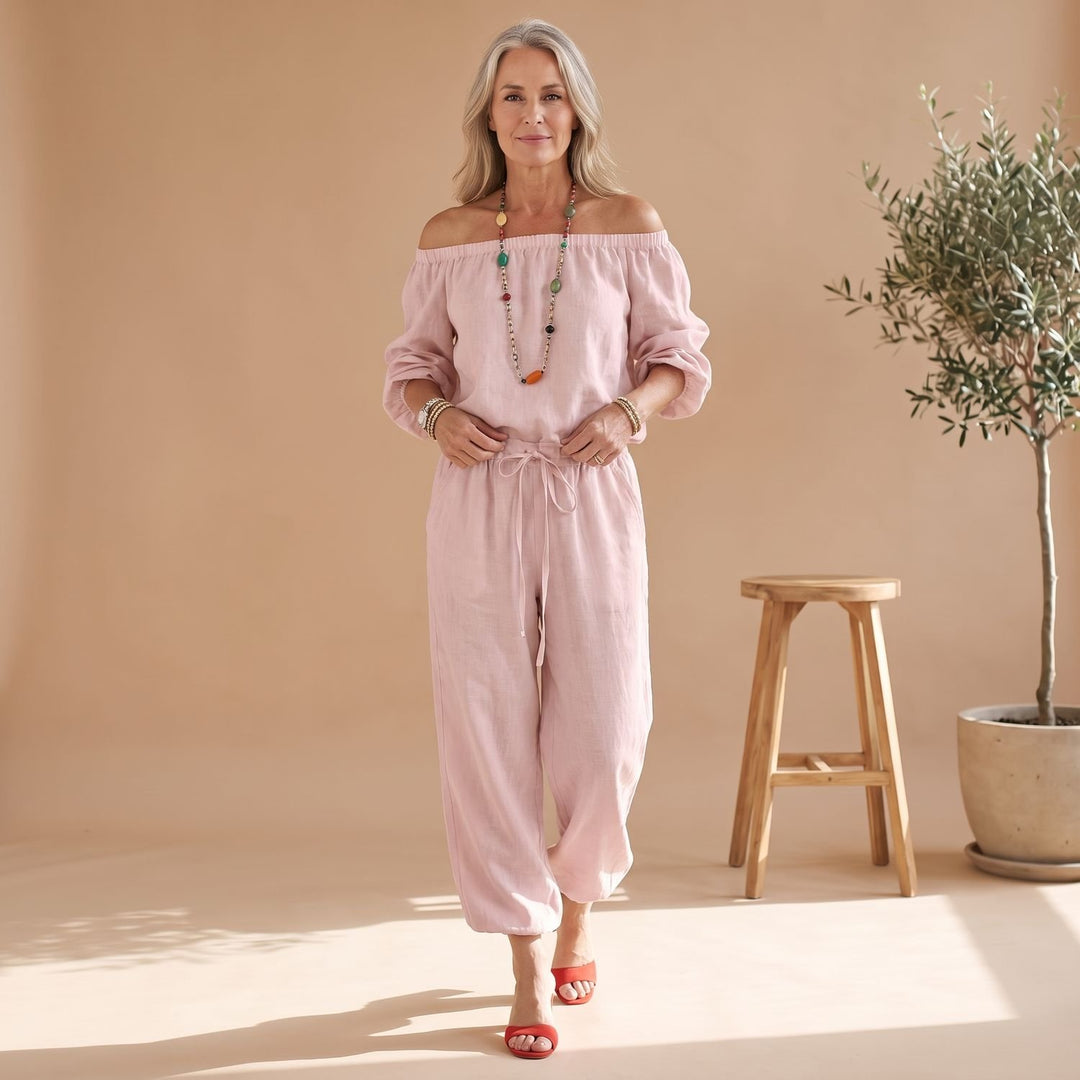 Women's Off-Shoulder Relaxed-Fit Drawstring Jumpsuit - Pink