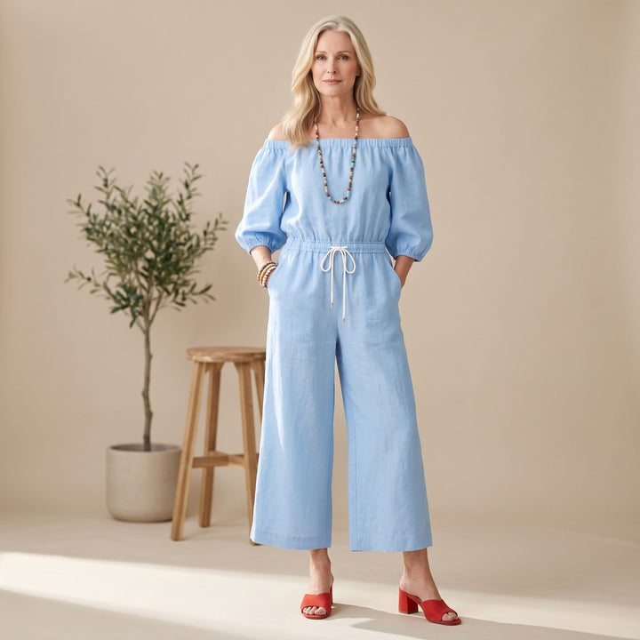 Women's Off-Shoulder Relaxed-Fit Drawstring Jumpsuit - Light Blue