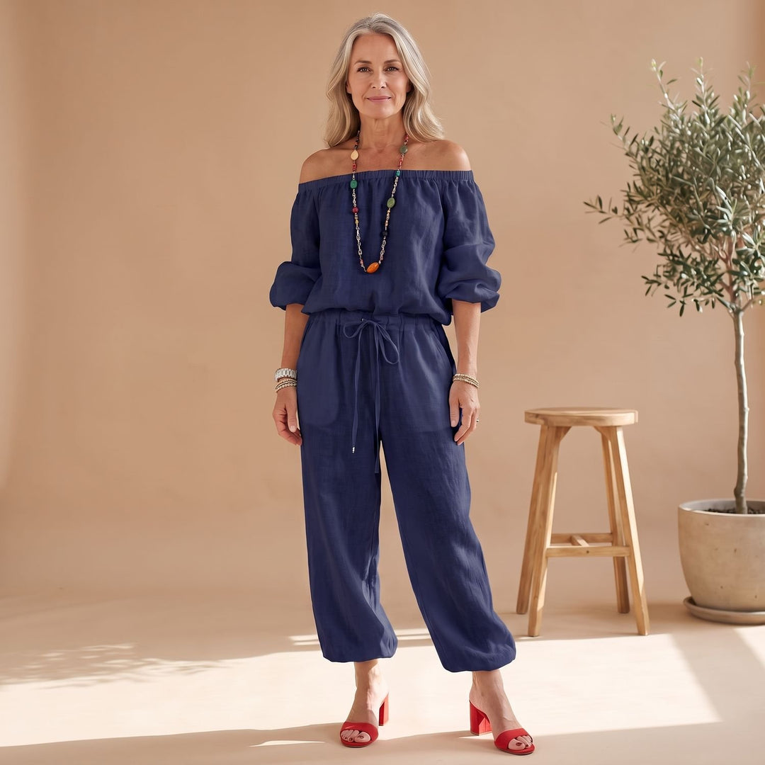Women's Off-Shoulder Relaxed-Fit Drawstring Jumpsuit - Dark Blue