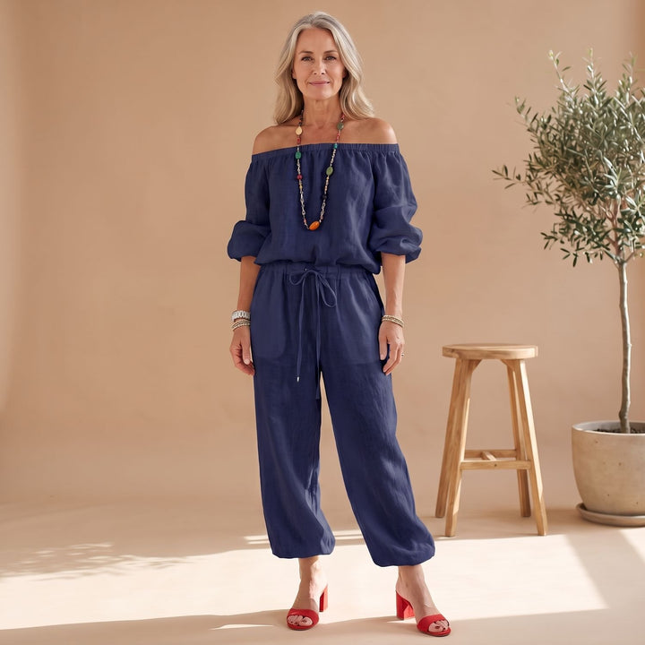 Women's Off-Shoulder Relaxed-Fit Drawstring Jumpsuit - Dark Blue