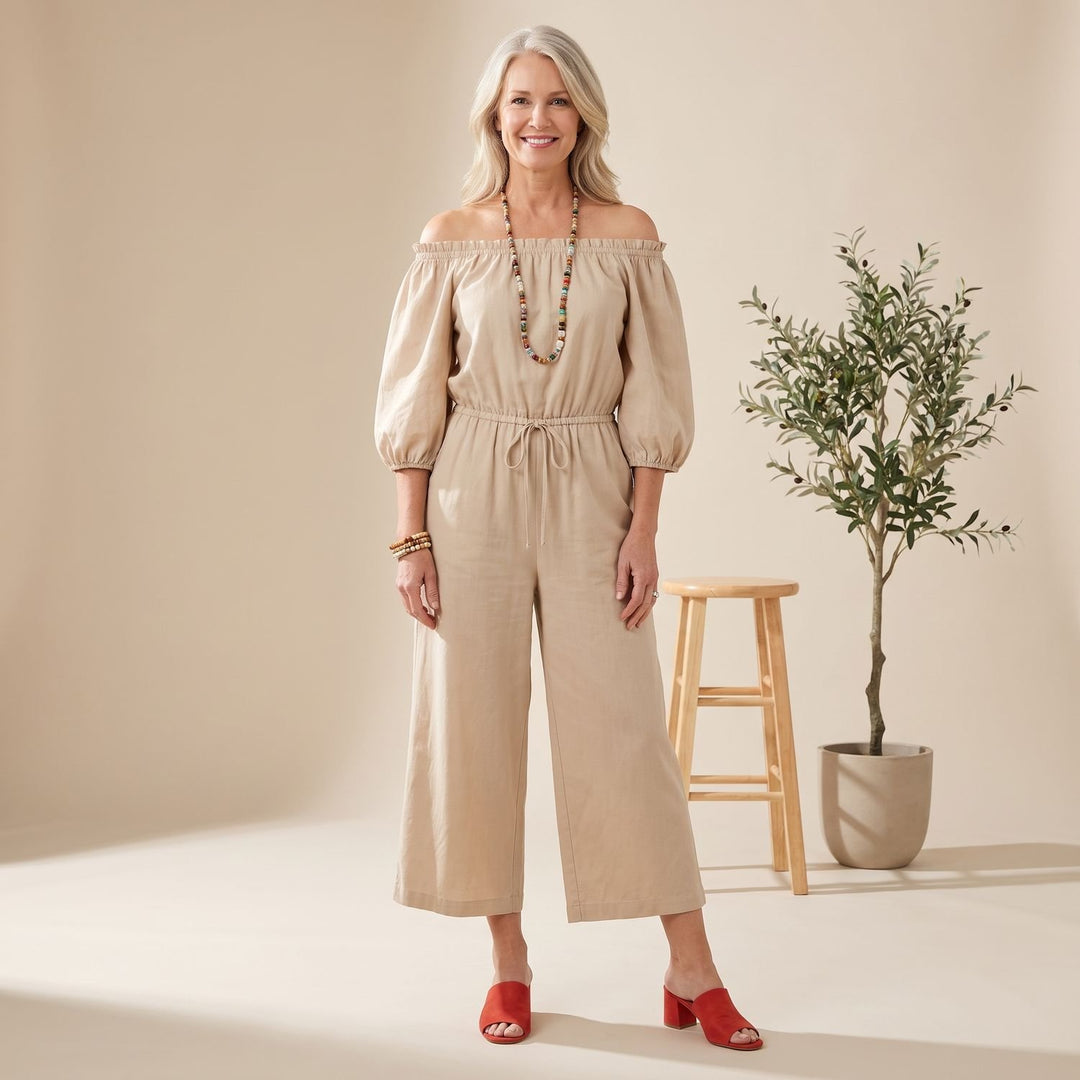 Women's Off-Shoulder Relaxed-Fit Drawstring Jumpsuit - Khaki