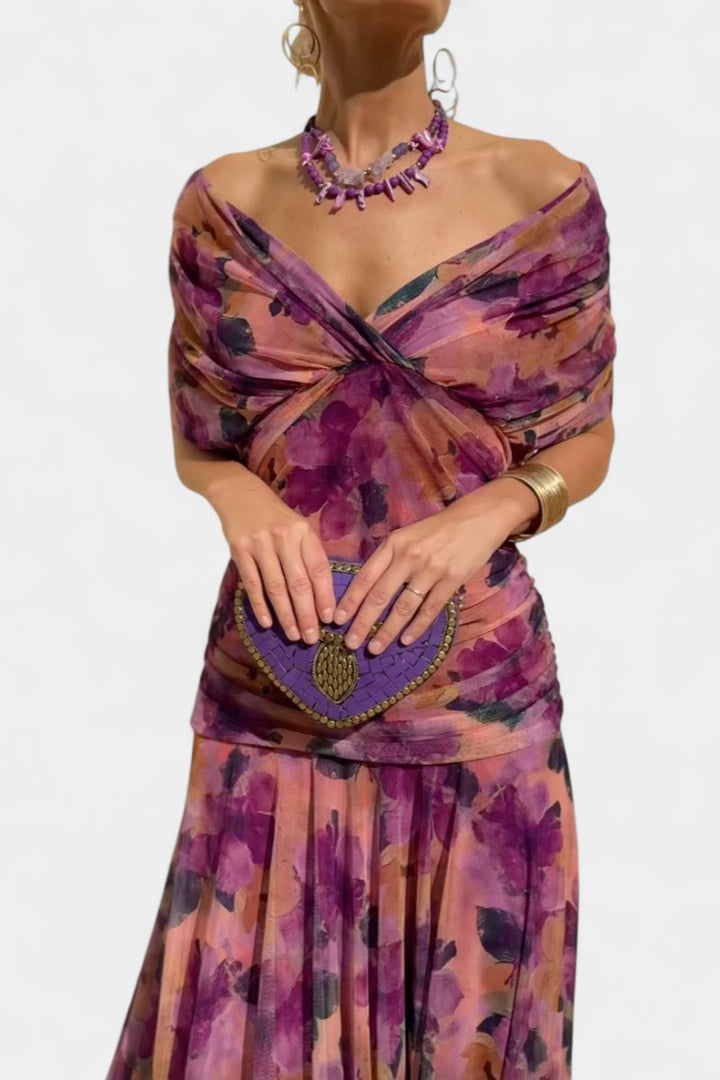 Women's Off-Shoulder Ruched Maxi Cocktail Party Dress - Purple