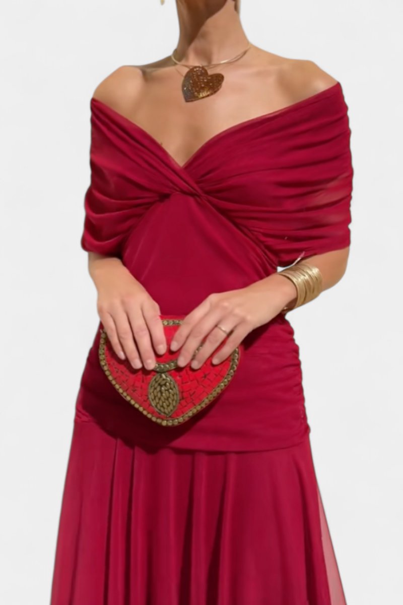 Women's Off-Shoulder Ruched Maxi Cocktail Party Dress - Red