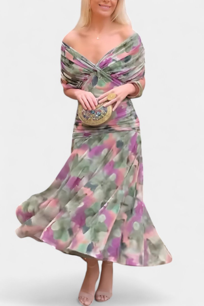 Women's Off-Shoulder Ruched Maxi Cocktail Party Dress - Multicolor