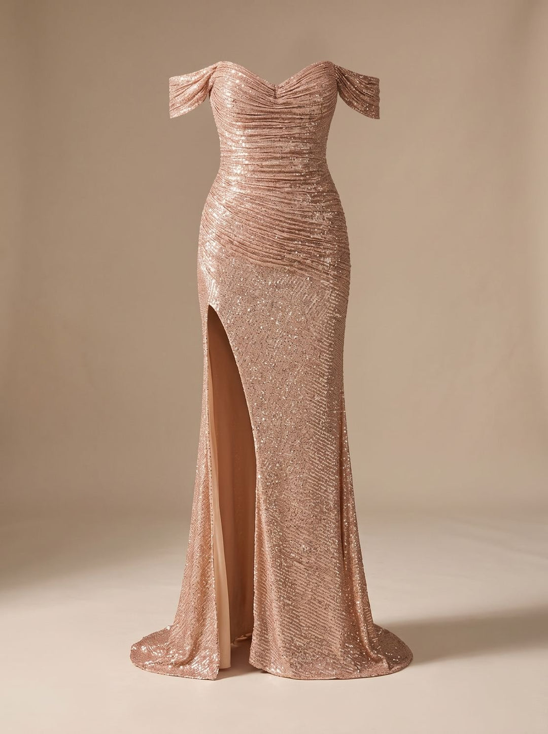 Women's Off-Shoulder Sequin Dress Ruched Mermaid Maxi Gown High Slit - Champagne