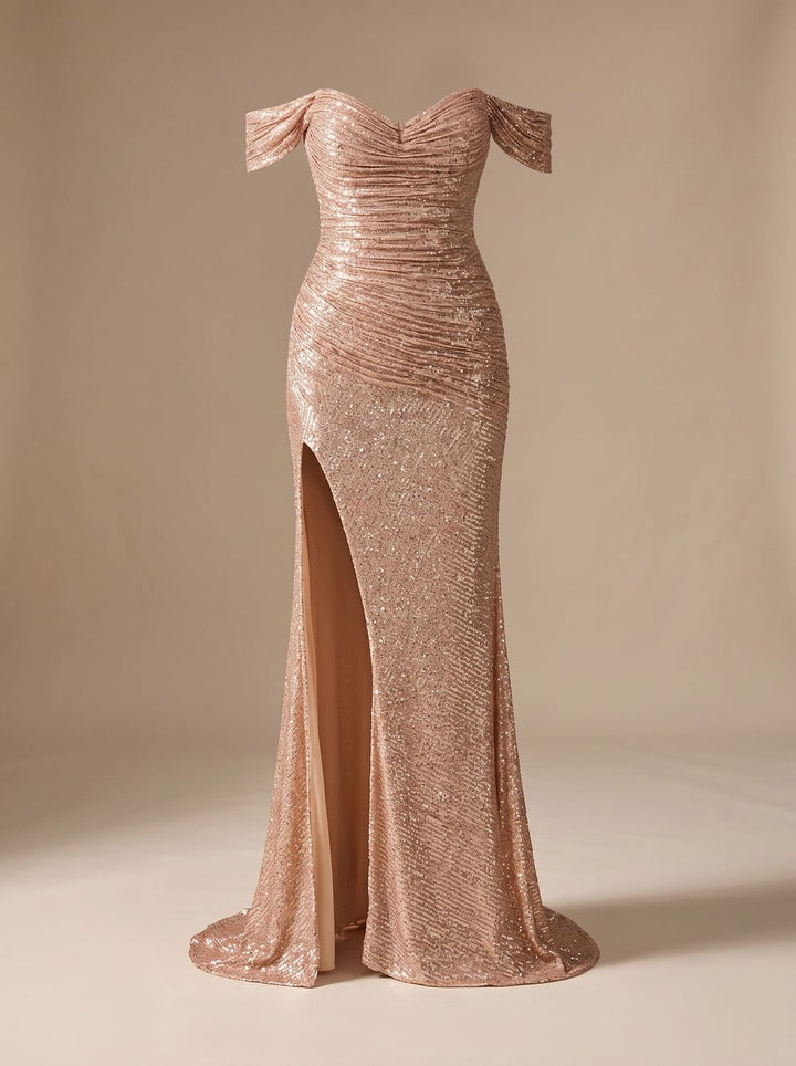 Women's Off-Shoulder Sequin Dress Ruched Mermaid Maxi Gown High Slit - Champagne