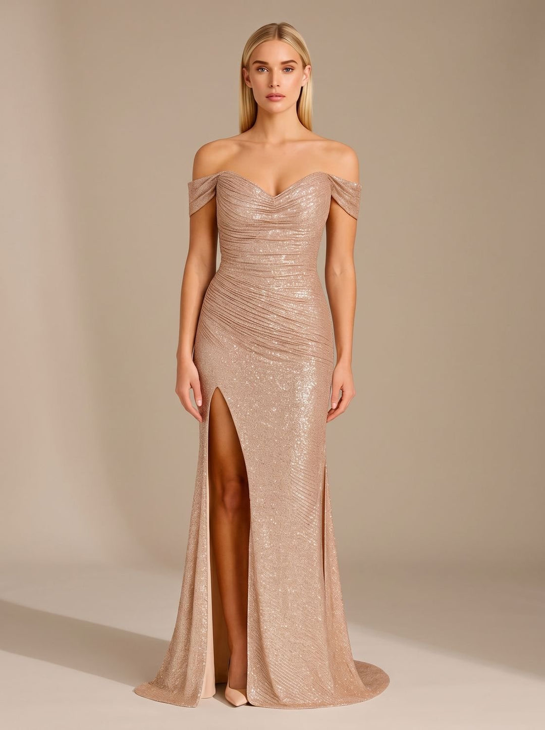 Women's Off-Shoulder Sequin Dress Ruched Mermaid Maxi Gown High Slit