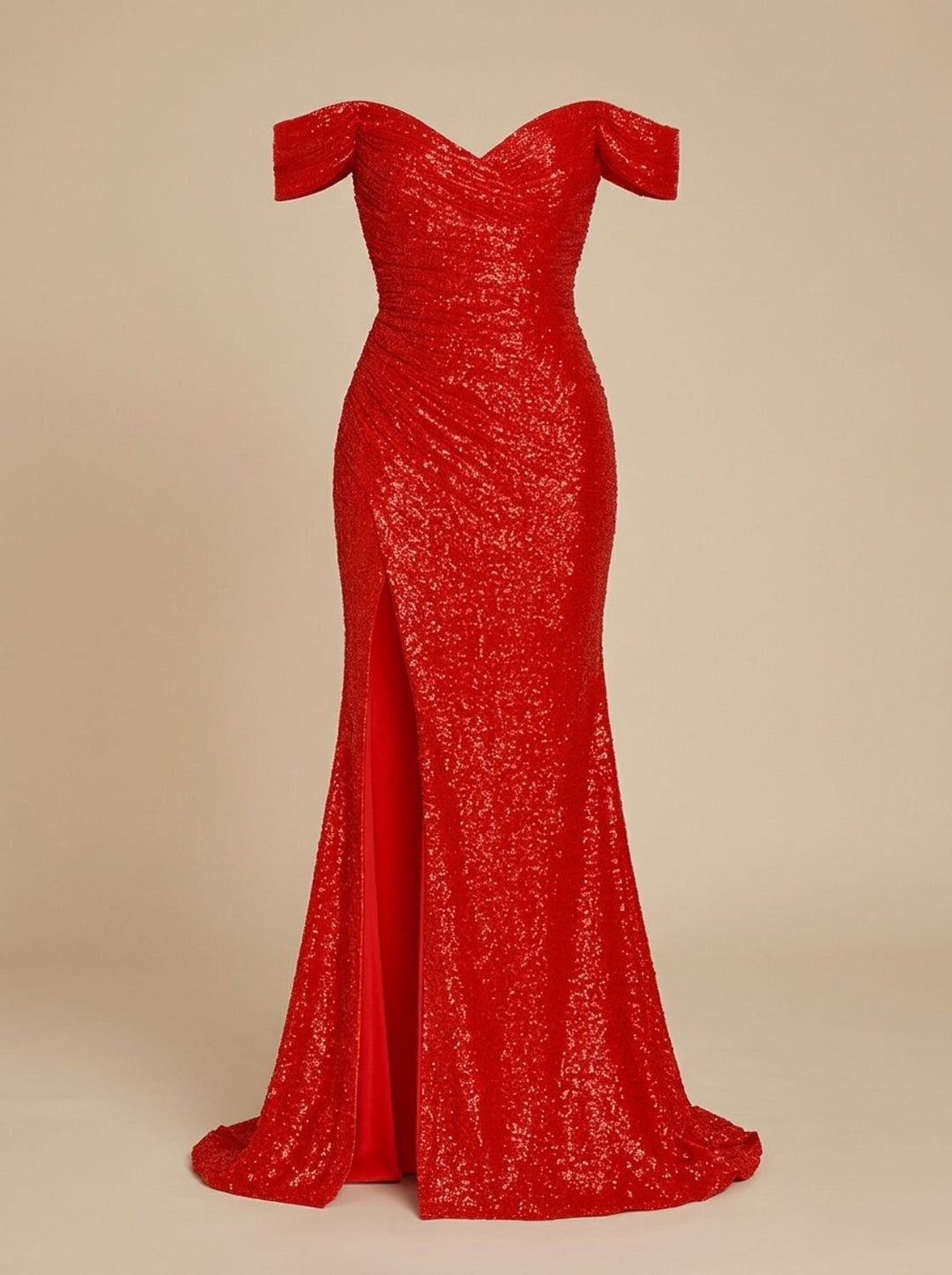 Women's Off-Shoulder Sequin Dress Ruched Mermaid Maxi Gown High Slit - Red