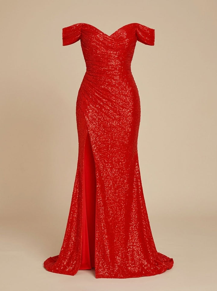 Women's Off-Shoulder Sequin Dress Ruched Mermaid Maxi Gown High Slit - Red