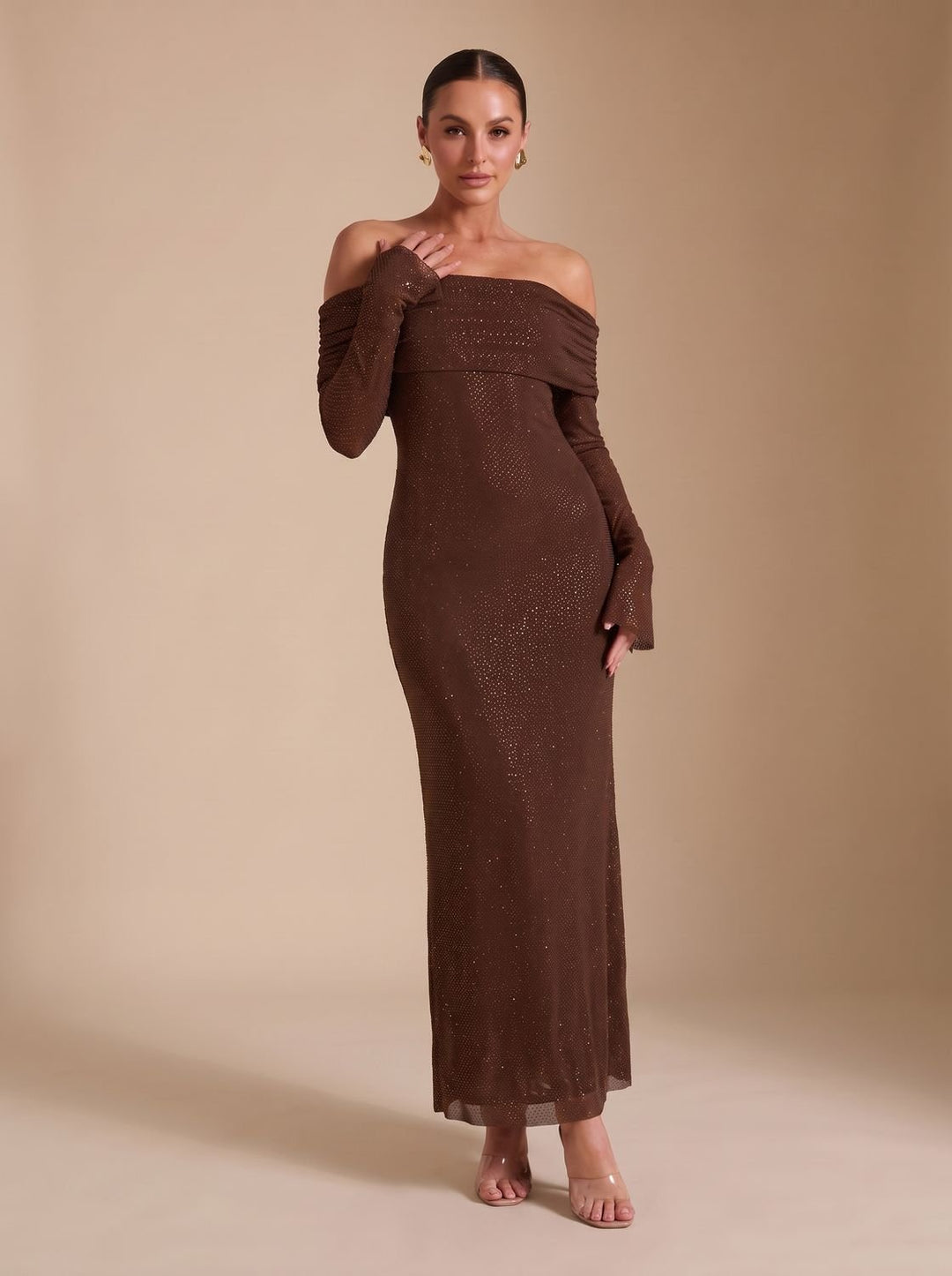 Women's Off-Shoulder Sequin Maxi Dress Long-Sleeve Fitted