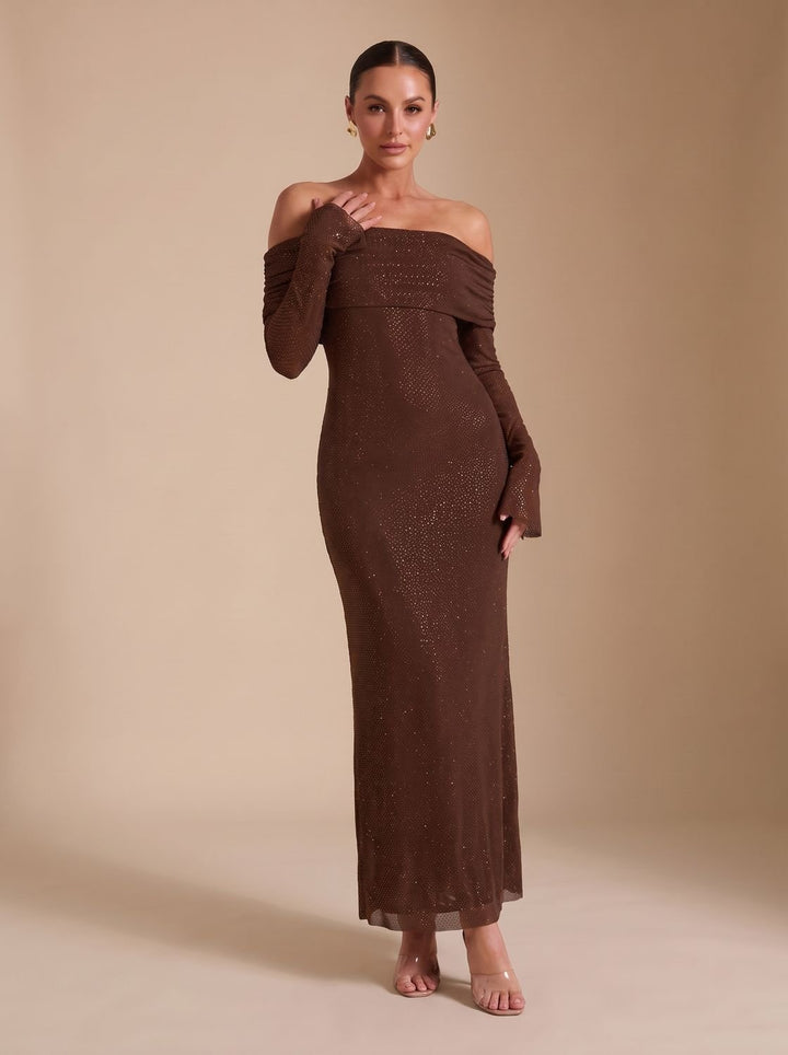Women's Off-Shoulder Sequin Maxi Dress Long-Sleeve Fitted
